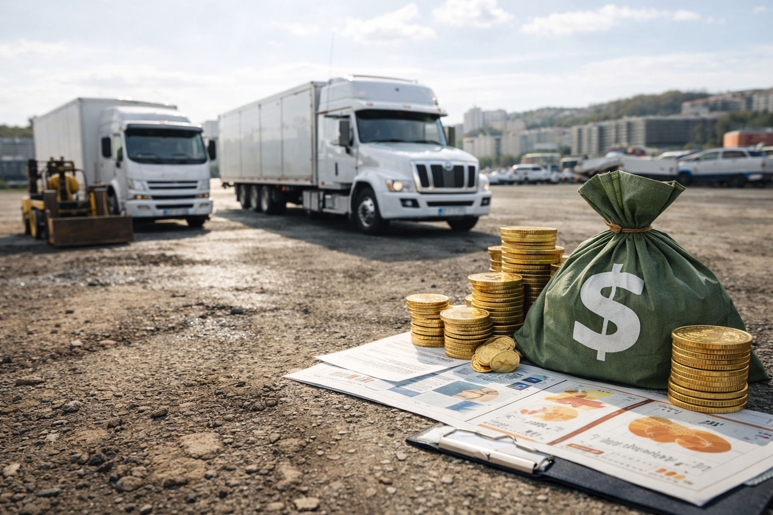 Fleet renting represented by trucks, planning documents, and operational controls